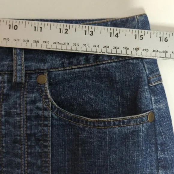 Tribal Denim Skirt Womens 6 Stretch Dark Wash Knee Length Front Slit Y2K 90s - Picture 5 of 7